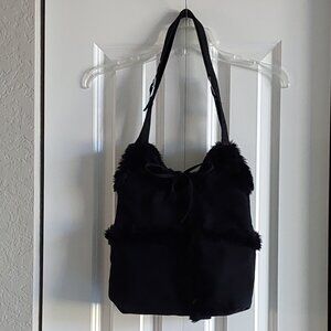 New York & Company Black Suede Purse with Faux Fur Trim